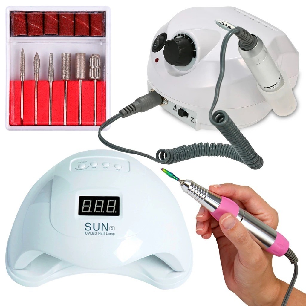 Kit Cabine Sun 5 Led Uv 48w Unha Gel Acrigel Porcelana + Motor Porquinho Lixa Lixadeira de Unha