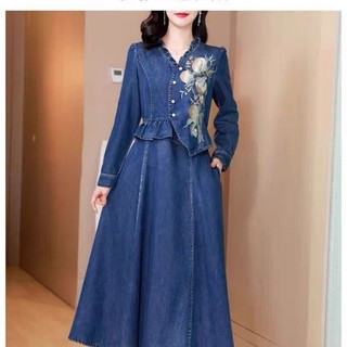 Vestido Jeans Bordado Retrô De Alta Qualidade Para Mulheres 2025 Nova Primavera Cintura Apertando Moda Mãe Falso Dois Ve