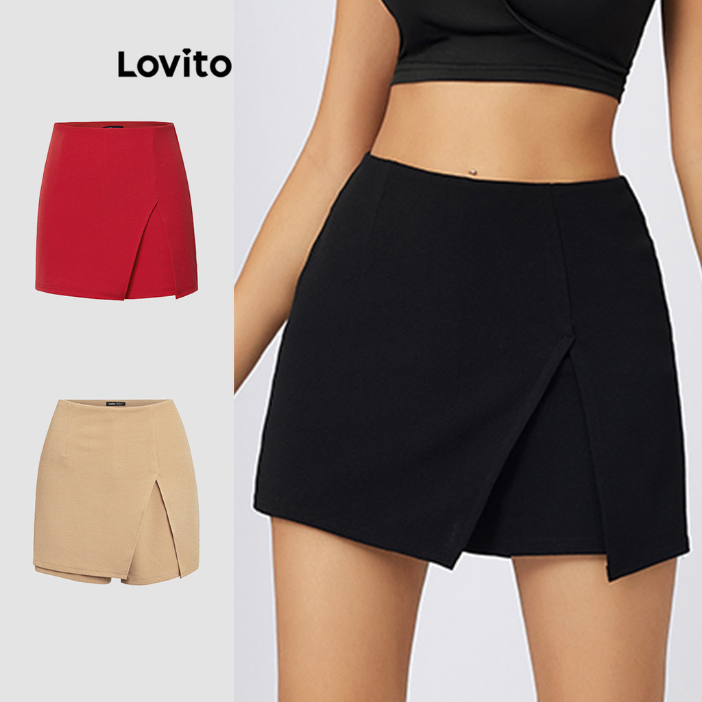 Lovito Shorts Casuais De Verão/primavera Modelo Slim Fit Com Fenda Frontal Modelo Básico Feminino L21AS062(preto/camelo) em Oferta na Shopee