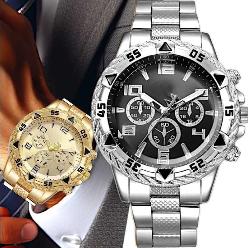 Kit 2 Relógios Masculinos de Pulso Quartzo Luxo Aço | Casual Elegante | Dourado, Prata e Preto