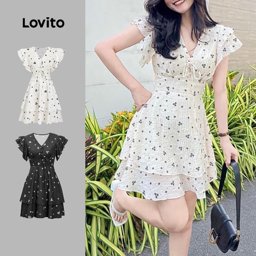 (Hot) Lovito Casual Vestido Feminino Floral Amarrado de Camada Dupla com Babados L73AD128(Multicolorido) - Women Clothes