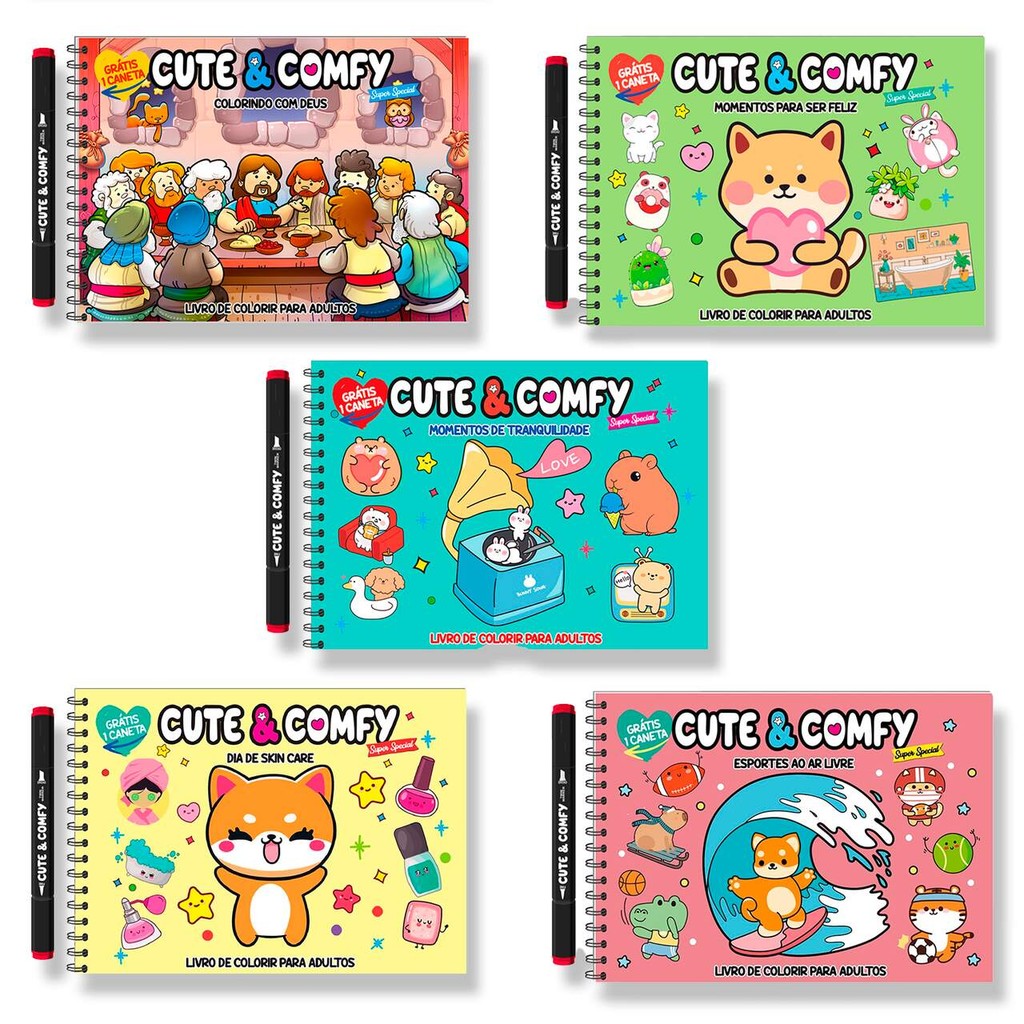 Combo Cute & Comfy Super Special - Completo com 5 Livros de Colorir - Espiral com Caneta