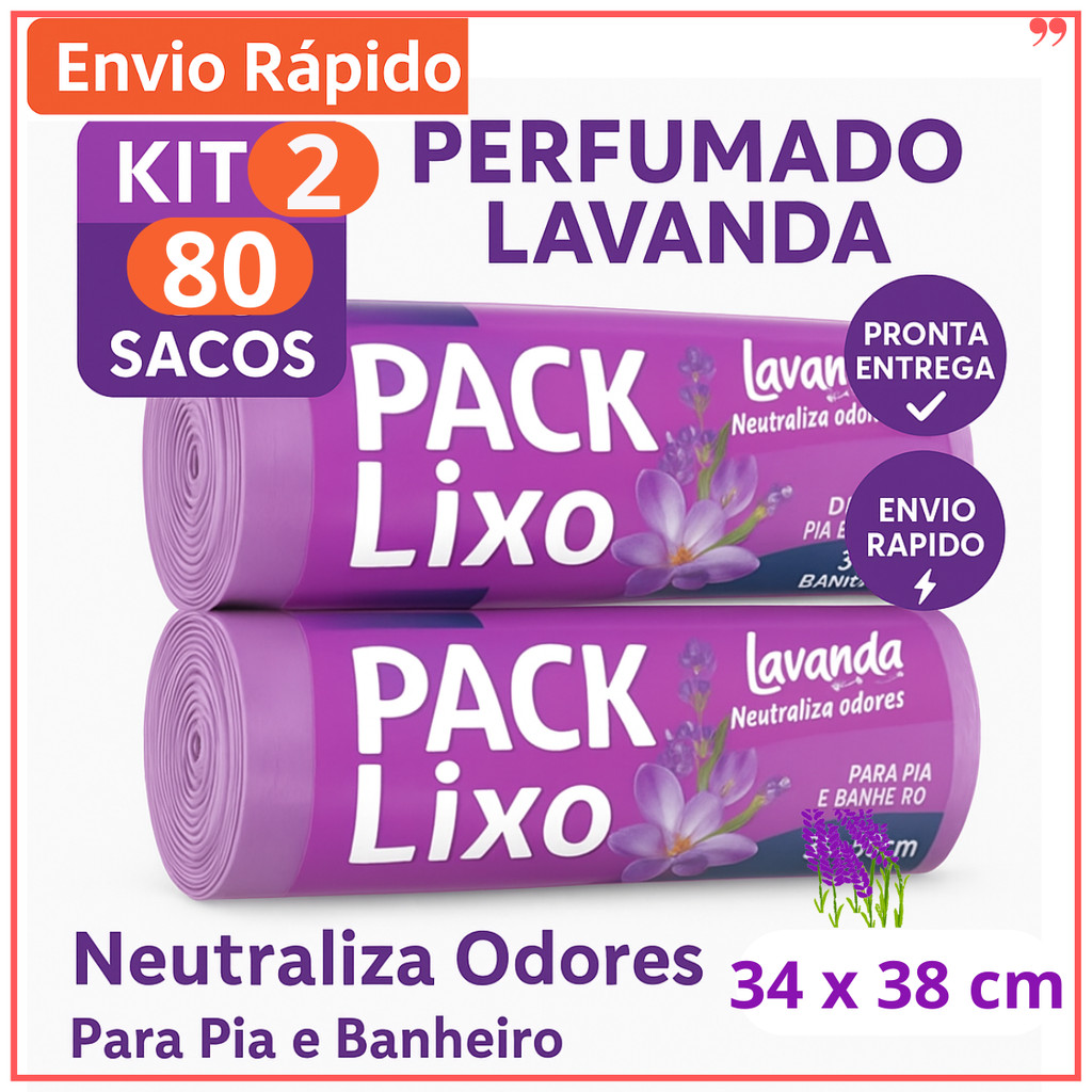 Sacos de Lixo Perfumado | Kit 2 com 80 Sacos | Para Pia e Banheiro | 34x38cm | Lavanda