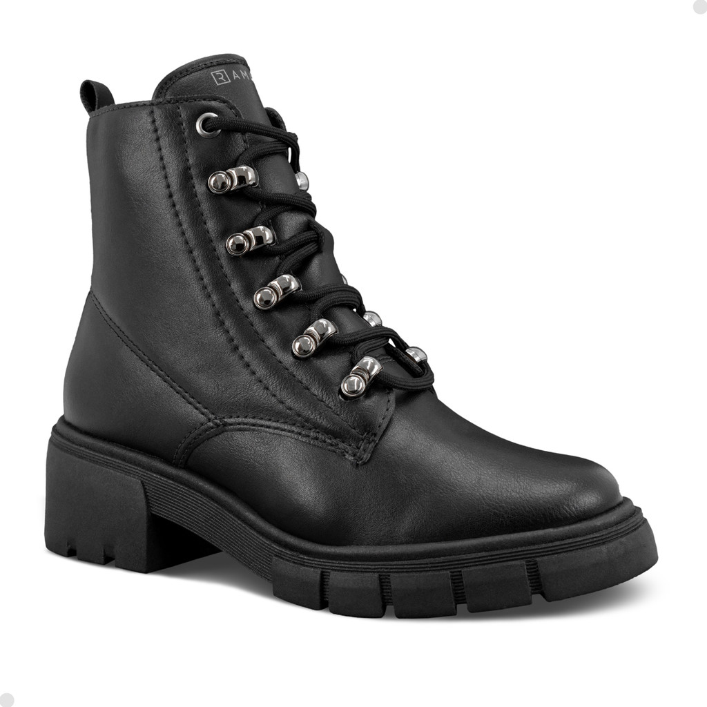 Bota Feminina Ramarim Coturno Preto Tratorado Básico Detalhe Metalizado Inverno