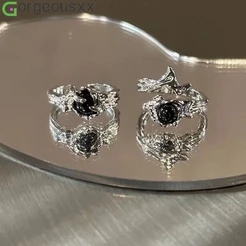 [Gorgeousxx] Anel De Abertura Geométrica De Pedras Preciosas Pretas Para Mulheres , Homens , Joias De Anéis De Hip-hop