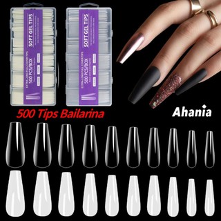 500 Unhas Tips Unha Postiças Modelo Bailarina Longa Cor Transparente E Bege Estojo Acrilico