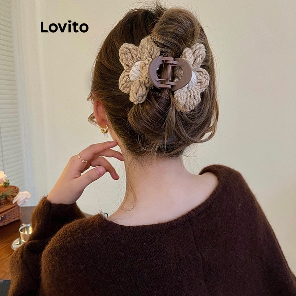 (Trendy) Lovito Grampos De Cabelo Casuais Com Flores Lisas Para Mulheres LNA14105 (Cáqui/Branco Off) em Oferta na Shopee