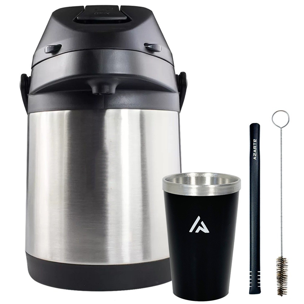 Kit Tereré Garrafa Térmica 2,5l em inox com Alavanca + Copo Cuia Redondo + Bomba Inox com escovinha