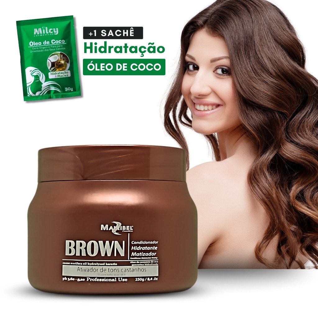 Matizador Máscara Brown Mairibel Cabelos Castanhos 250g + 1 Sachê Óleo de Coco