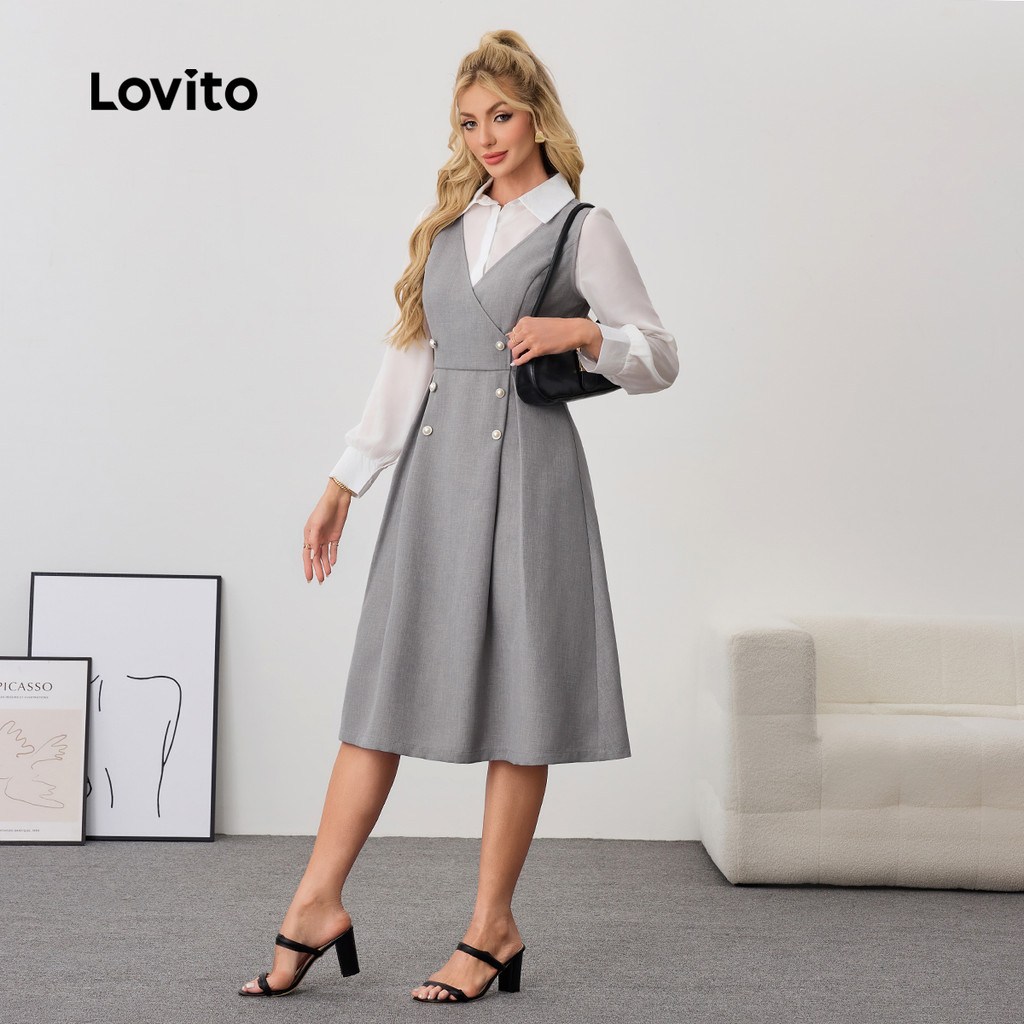 Detalhes do Lovito Vestido sofisticado frente plissada e botões discretos para mulheres LBL24223