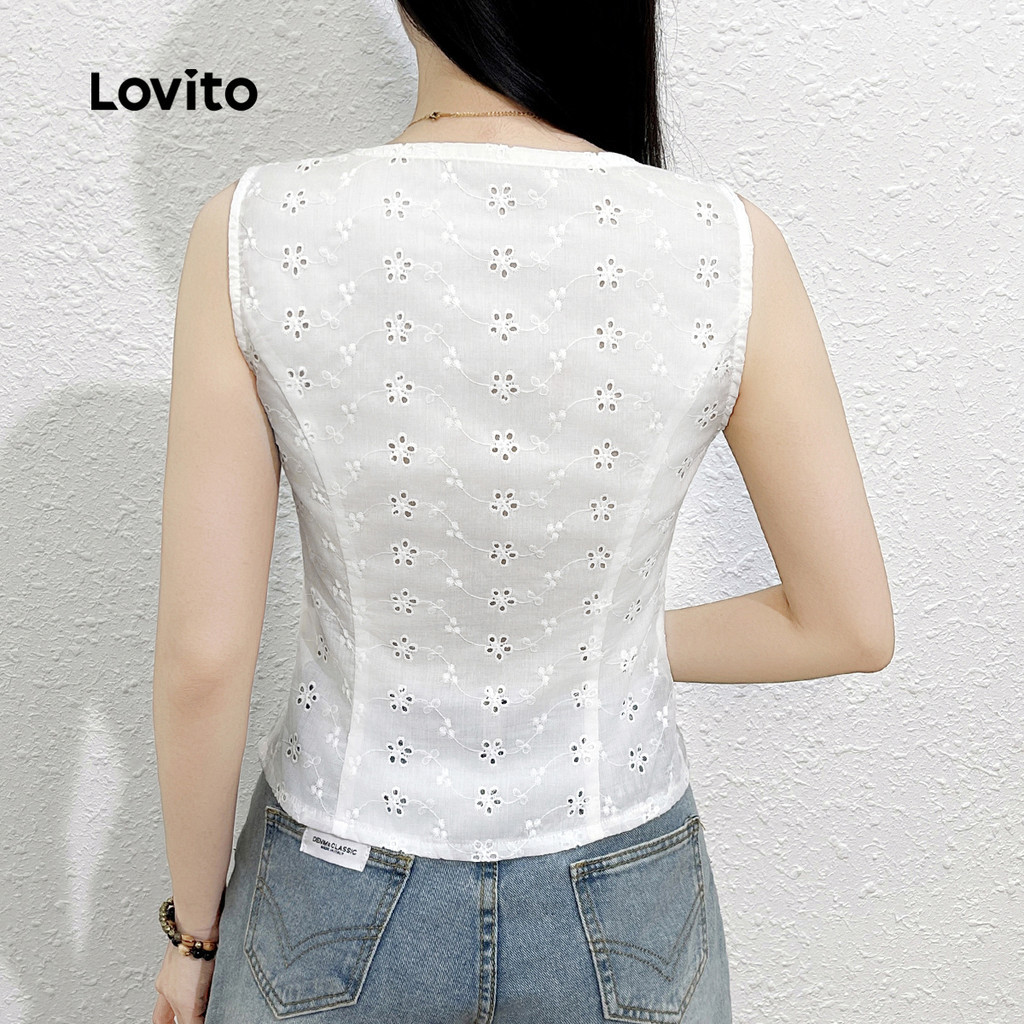 (Trendy) Lovito Regata Casual Com Bordado De Ilhó Liso E Oco Para Mulheres L132ED550 em Oferta na Shopee