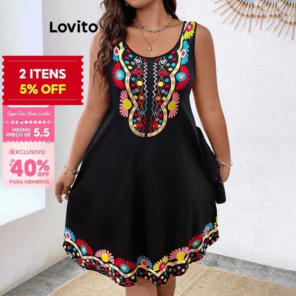 (Trendy) Lovito Plus Size Curve Boho Tribal Print Padrão Vestido De Verão Para Mulheres LBL20215 - Women Clothes