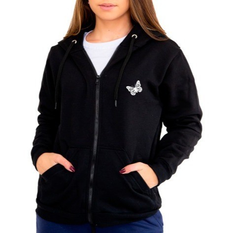 Blusa Moletom Feminina Borboleta Butterfly Com Zíper Flanelada Algodão