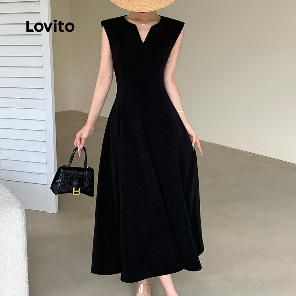 Detalhes do Lovito Vestido Elegante Natal Boho Zíper Plissado Toque Suave Primavera/verão Vestido Preto Para Mulheres LBL26518