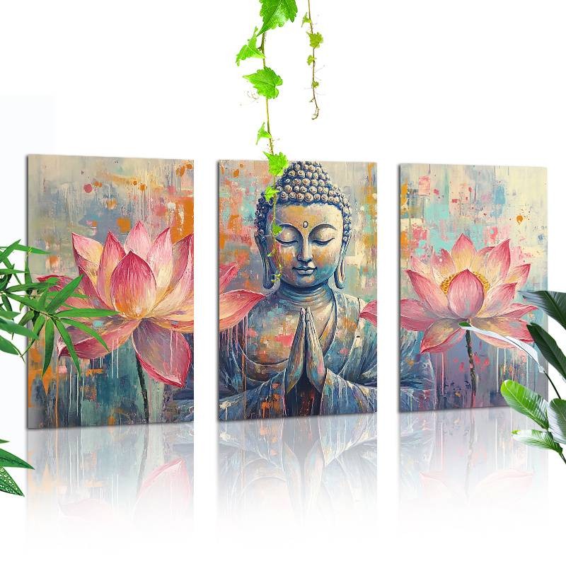 Imagem Kit Quadro Decorativo Visões Tranquilas, Estátua de Buda & Conjunto de Arte de Parede Lótus