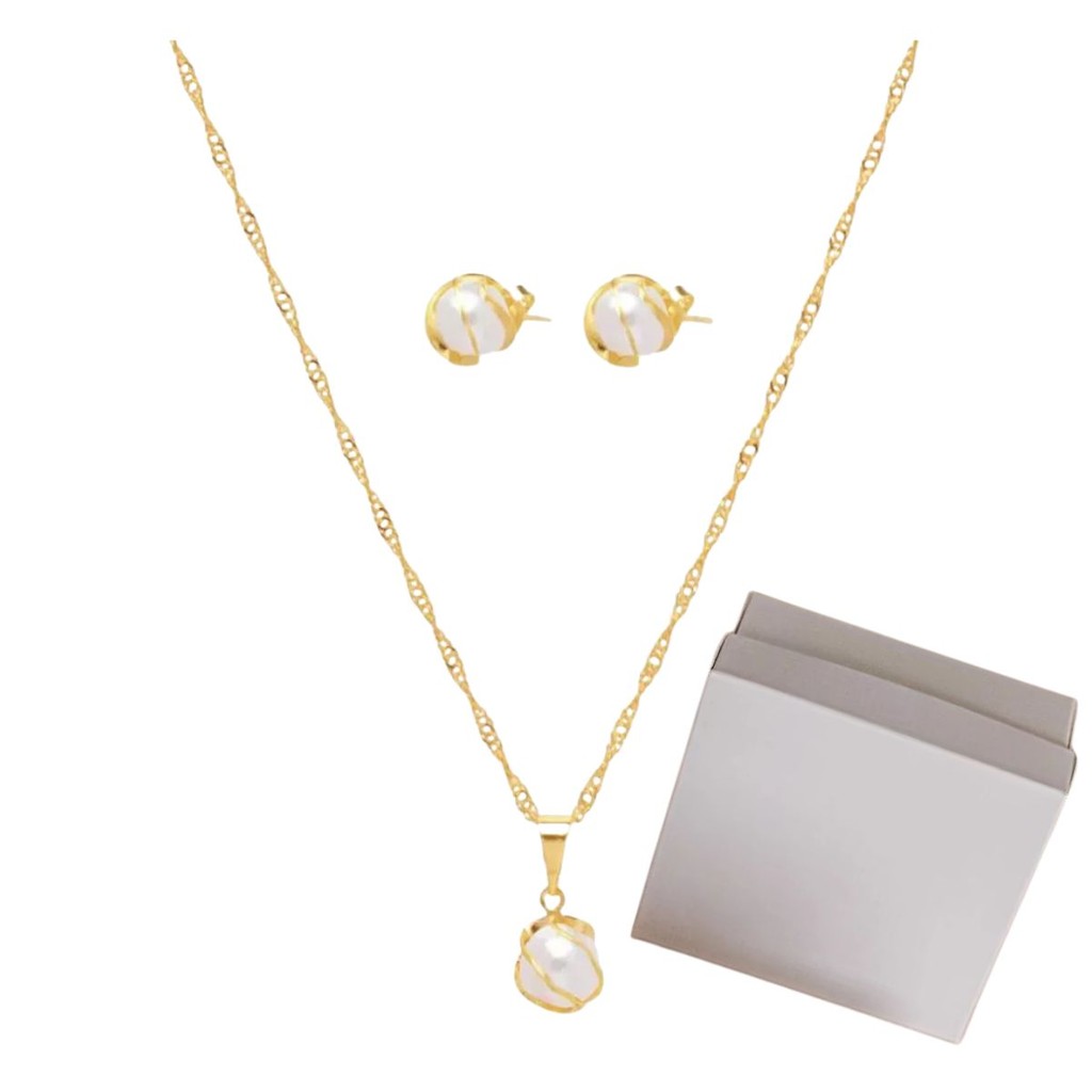 Conjunto Colar e Brinco Dourado Pérola Folhado