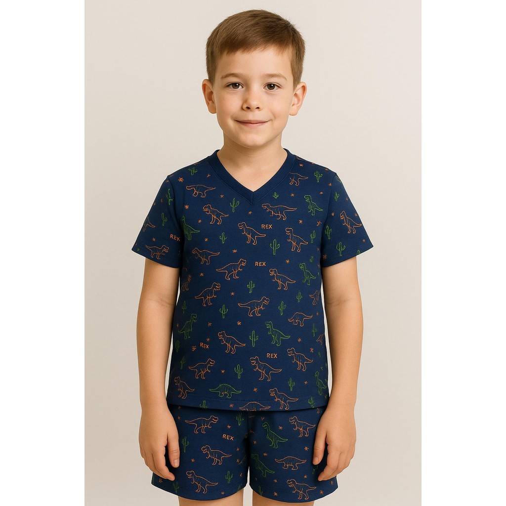 Pijama Infantil Menino Manga curta e short Estampado dinossauro Conjunto Masculino de Dormir