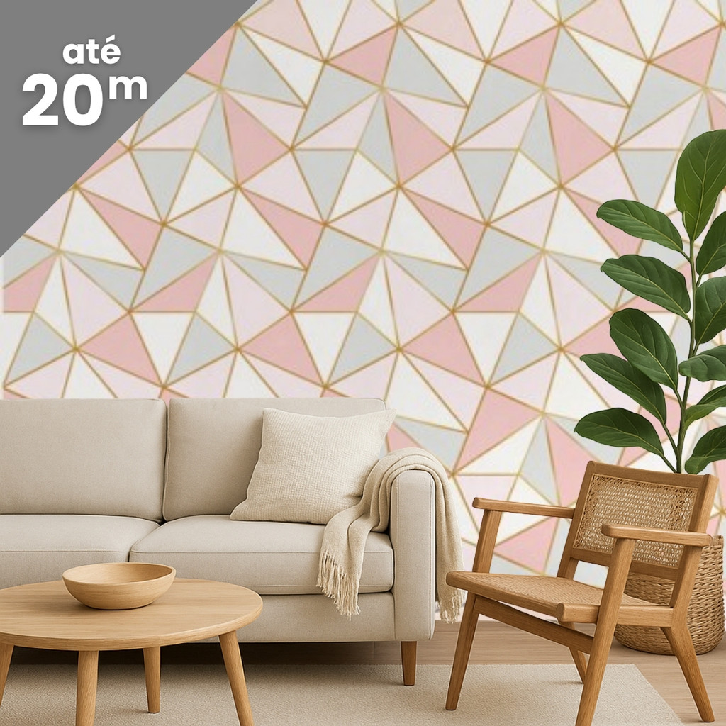 Papel De Parede Adesivo Geometrico Rosa Com Linhas Douradas Ideal Para Painel Ou Parede