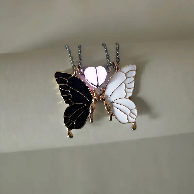 Novo duplo borboleta óleo gotejamento pingente amizade casal conjunto clavícula corrente luminosa em forma de coração fi
