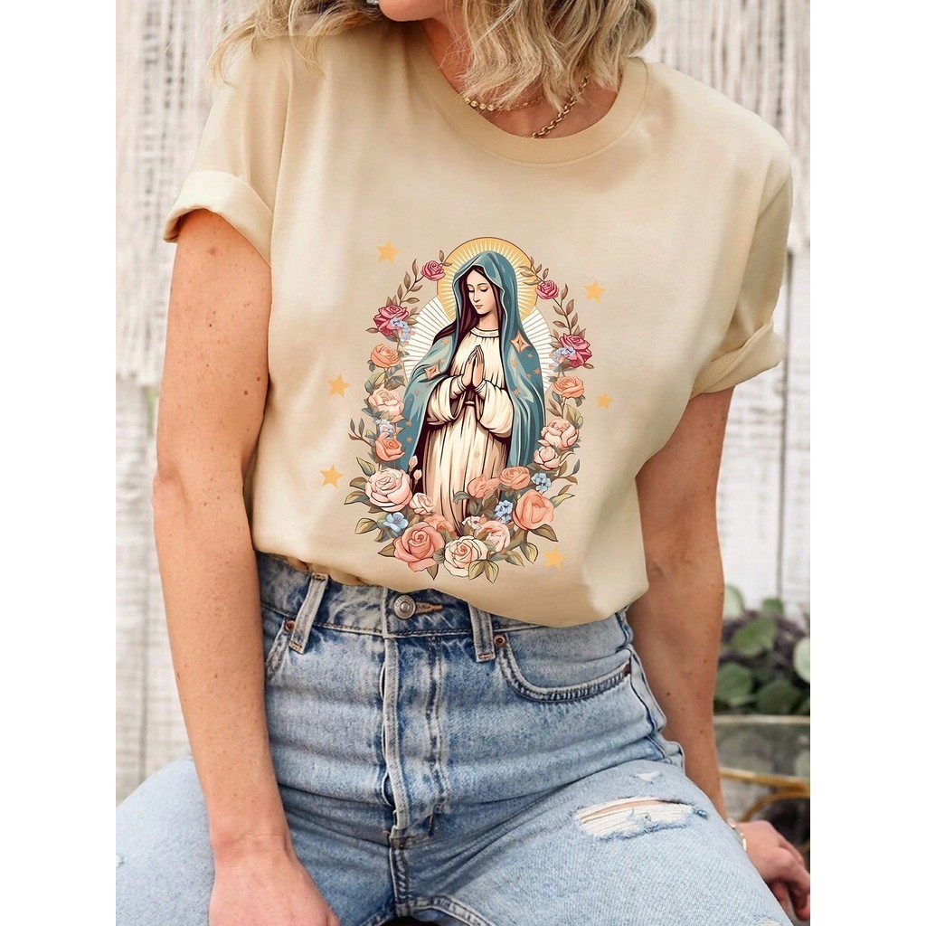 Camiseta Feminina Para O Dia a Dia Estampada Virgem Maria Blusa em Oferta na Shopee