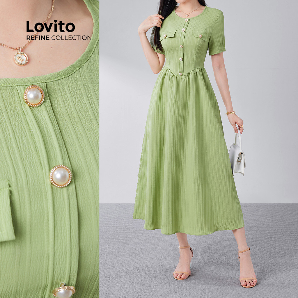 (Lovito Refine) Vestido Elegante Com Botões Primavera/verão Verde Para Mulheres LR13E027 em Oferta na Shopee