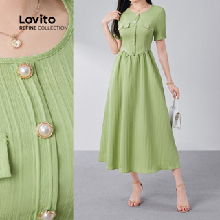 (Lovito Refine) Vestido Elegante Com Botões Primavera/verão Verde Para Mulheres LR13E027 em Oferta na Shopee