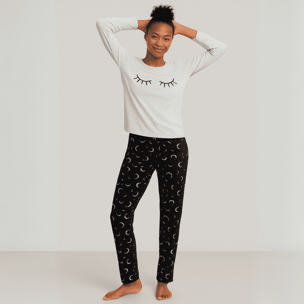 Pijama Longo Feminino Malha Adulto Manga Comprida Cílos Lua em Oferta na Shopee