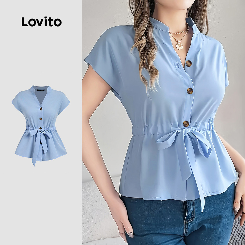 (New Lovito) Blusa Casual de Primavera/verão com Laço Na Frente para mulheres L143ED376 em Oferta na Shopee