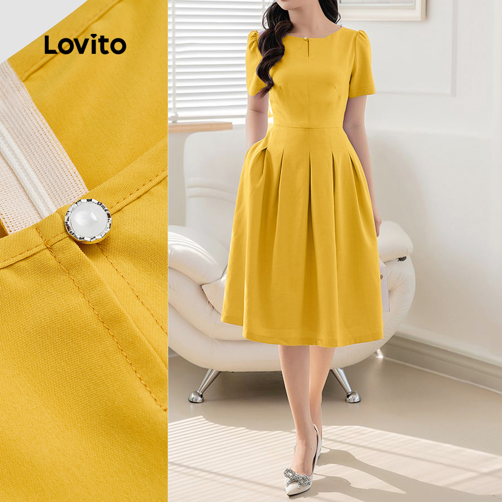 (New Lovito) Vestido Elegante de Pregas para Primavera/verão para Mulheres L143ED393 em Oferta na Shopee