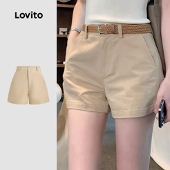 (New) Lovito Shorts Casuais com Bolso Primavera/verão Caqui para Mulheres L143ED338