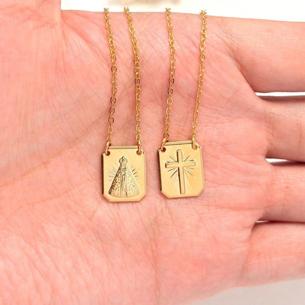 Escapulário Corrente Masculino com Nossa Senhora Aparecida e Jesus Cristo Crucifixo Banhado a Ouro 18k ou prata 925.
