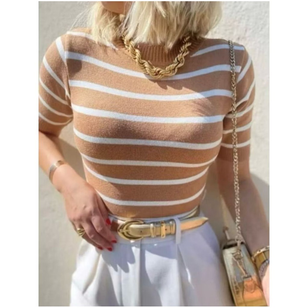 Blusa Feminina Tricô Modal Listrada Manga Curta Casual em Oferta na Shopee