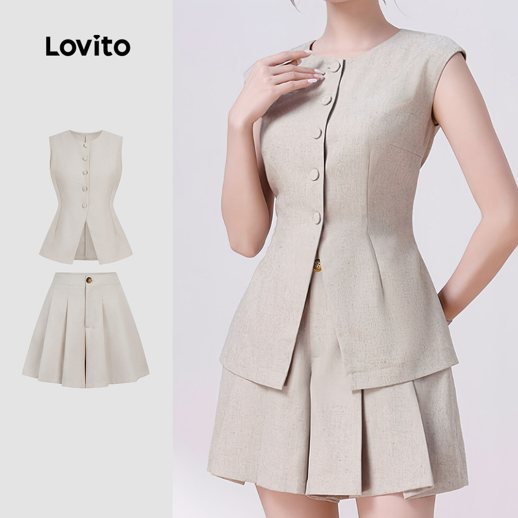 Lovito Shorts de Cargo Bege Claro com Botões Na Frente - Elegantes Blusas ou Calças para primavera/verão L143ED399 em Oferta na Shopee