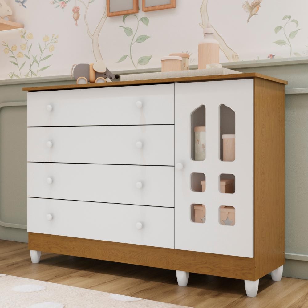 Cômoda Infantil 4 Gavetas com Porta Fraldário Gran Selena 100% MDF Branco Bétula em Oferta na Shopee
