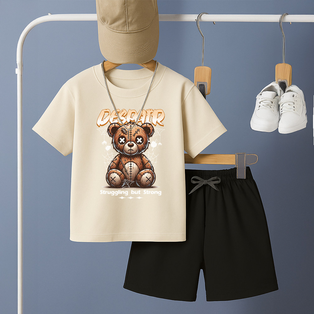 Conjunto Infantil Menino Estiloso Camiseta Ursinho 100% Algodão + Bermuda Moletinho Verão 2 ao 14 Anos