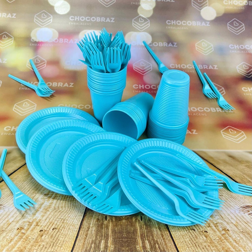 Kit Festa 50 PESSOAS DESCARTAVEIS AZUL TIFANI GARFO + PRATO + COPO em Oferta na Shopee
