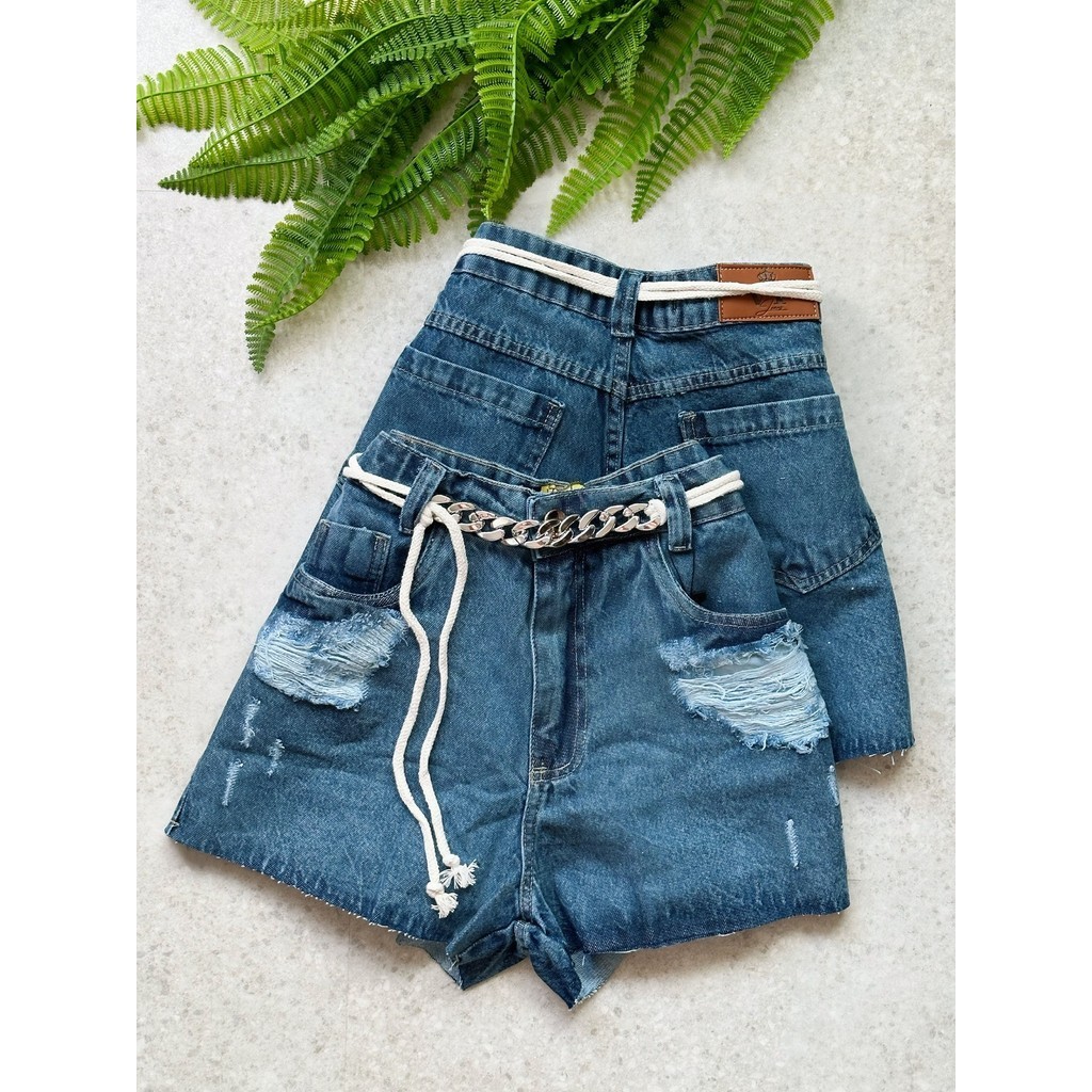 Short Jeans Feminino Cinto Cordinha Corrente Com Bolso em Oferta na Shopee