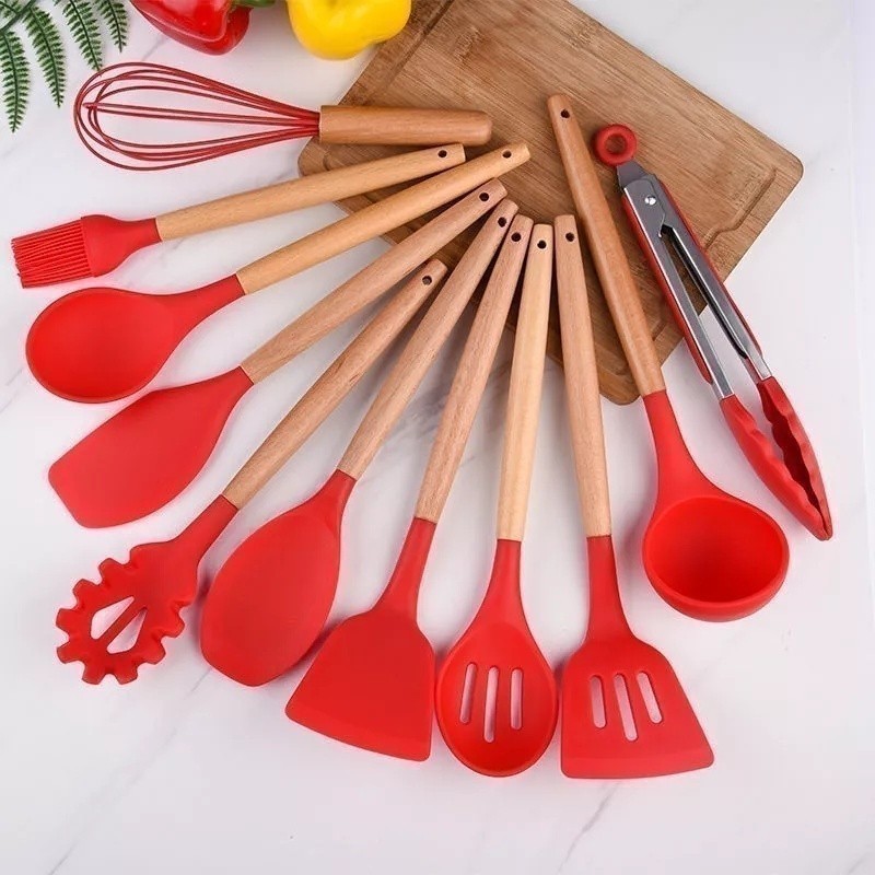 Jogo de Cozinha Kit C/12 Pçs de Silicone Utensílios e Copo Suporte para Cozinha Cabo de Madeira Fang