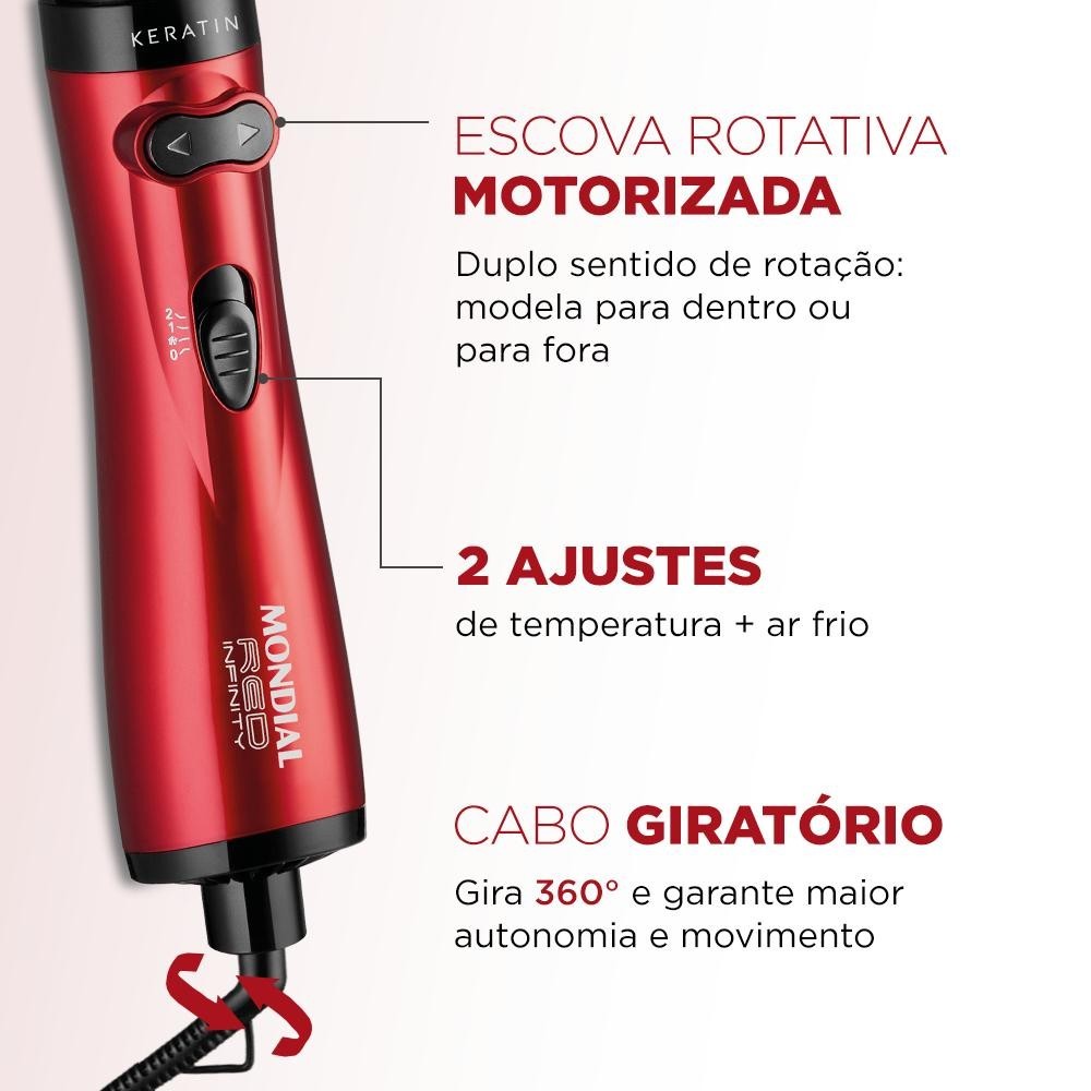 Detalhes do Escova Cabelo Rotativa Mondial Infinity Keratin Elétrica 220v 1000w ER-11-KR