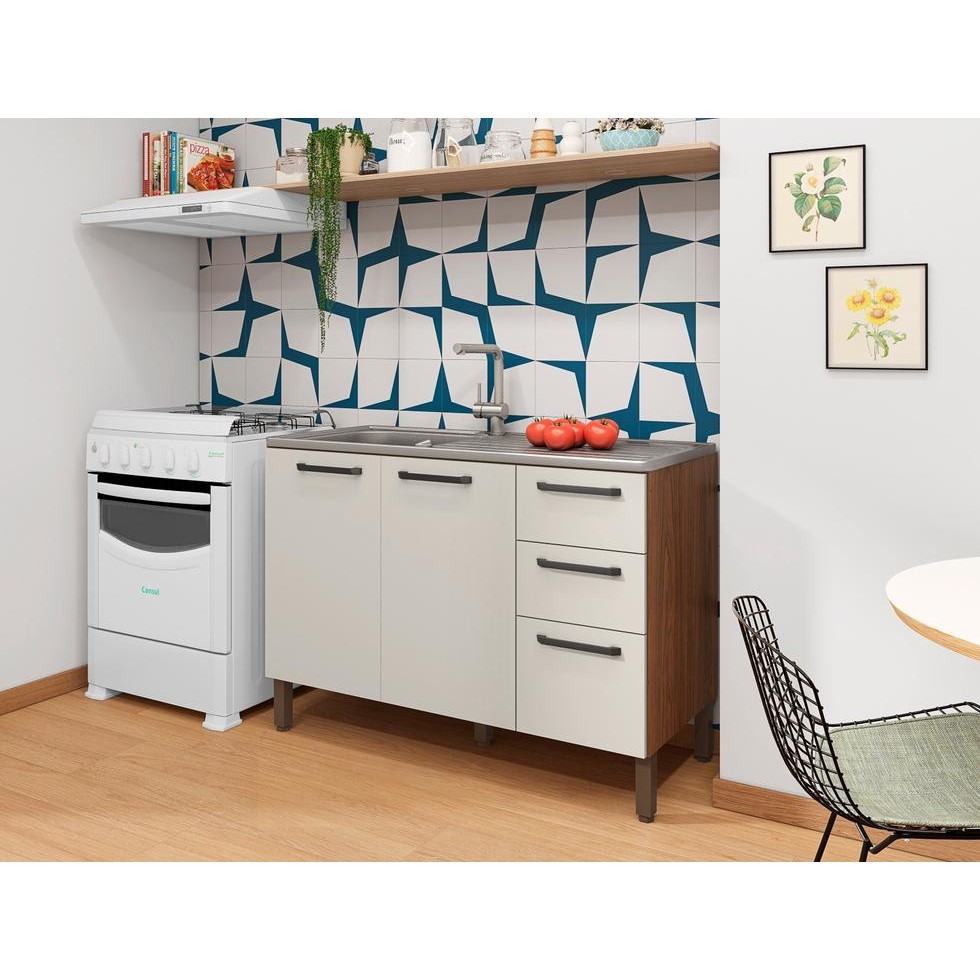 Balcão de Cozinha Para Pia 120 cm 3 Portas 2 Gavetas sem Tampo Mad Versalhes Nogueira Off White em Oferta na Shopee