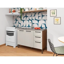 Balcão de Cozinha Para Pia 120 cm 3 Portas 2 Gavetas sem Tampo Mad Versalhes Nogueira Off White