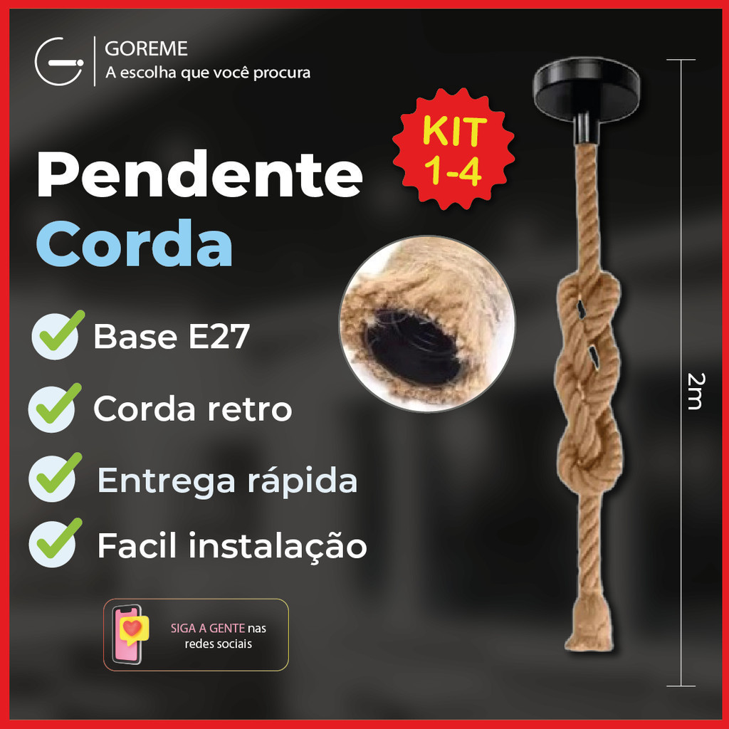 Pendente Corda 2M Retro Vintage Rústico Sisal E27 Para Decoração Com Detalhes Pérola Preta em Oferta na Shopee