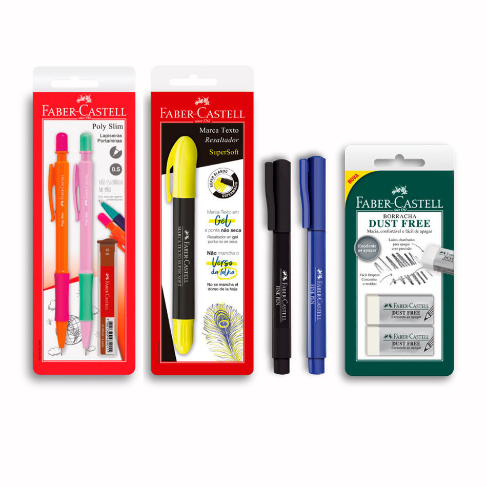 Kit Escrita Rosa Faber-Castell com Lapiseira 0.5mm, Marca-Texto Gel, Caneta Ponta Fina e Borracha - Stationery