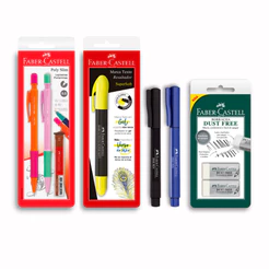 Kit Escrita Rosa Faber-Castell com Lapiseira 0.5mm, Marca-Texto Gel, Caneta Ponta Fina e Borracha