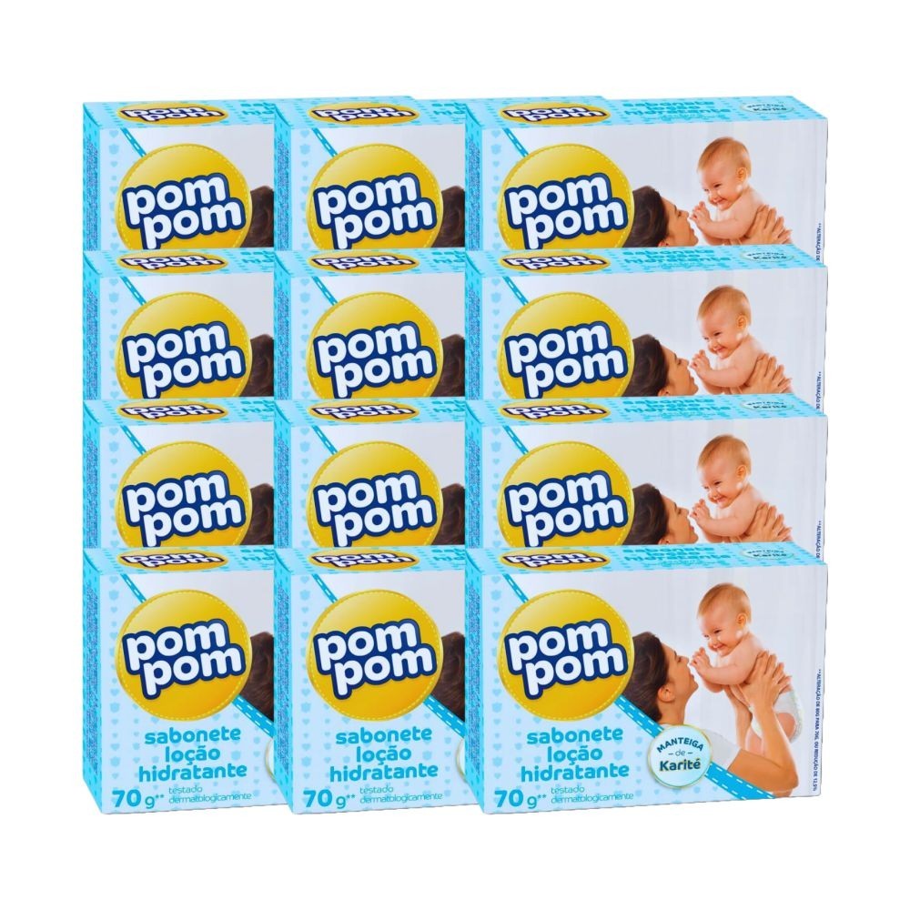 12x Sabonete Infantil em Barra Loção Hidratante Pom Pom 70g