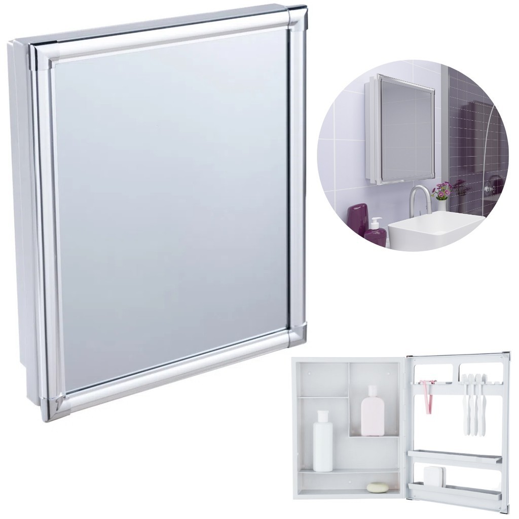 Armário Banheiro Espelheira Sobrepor e Embutir Branco com Perfil Alumínio 36x11x45cm 01 Porta Astra Espelho Moderno