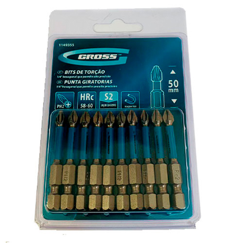 Pacote C/ 10 Pecas Bits Phillips de Torcao 50mm PH2 Curto Gross - 1149355 em Oferta na Shopee