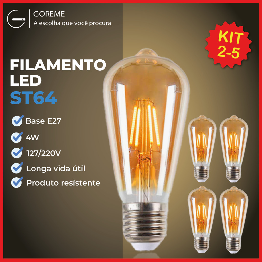 Kit 5 Lâmpada Filamento LED ST64 E27 4W LUZ QUENTE (AMARELO) Âmbar Retrô Vintage 110V~220V | Bivolt em Oferta na Shopee