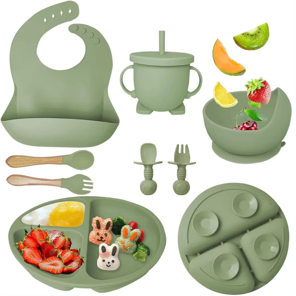 kit 8 Peças Talheres alimentação bebê silicone  kit Talheres Infantil Com Ventosa Canudo C...