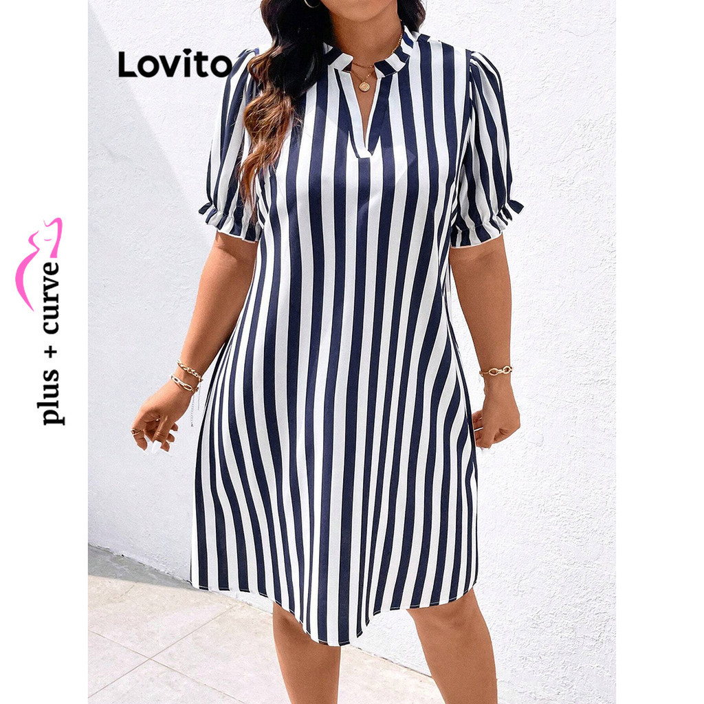 Detalhes do Lovito Curvedo Vestido Plus Size Boho Listrado Com Babados E Botões Para Mulheres LBL15492